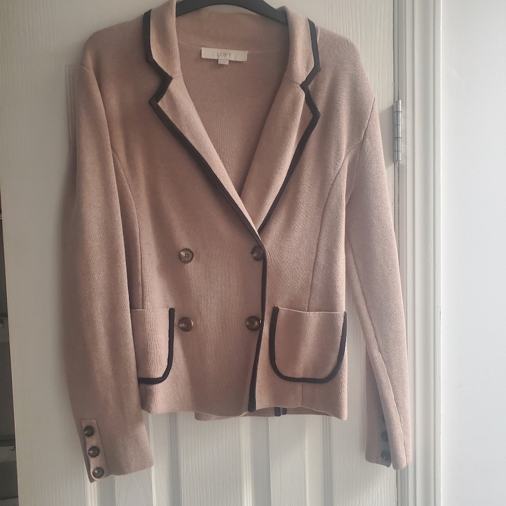 LOFT 100% Cotton Taupe Black Trimmed Double breasted Sweater Blazer size Medium